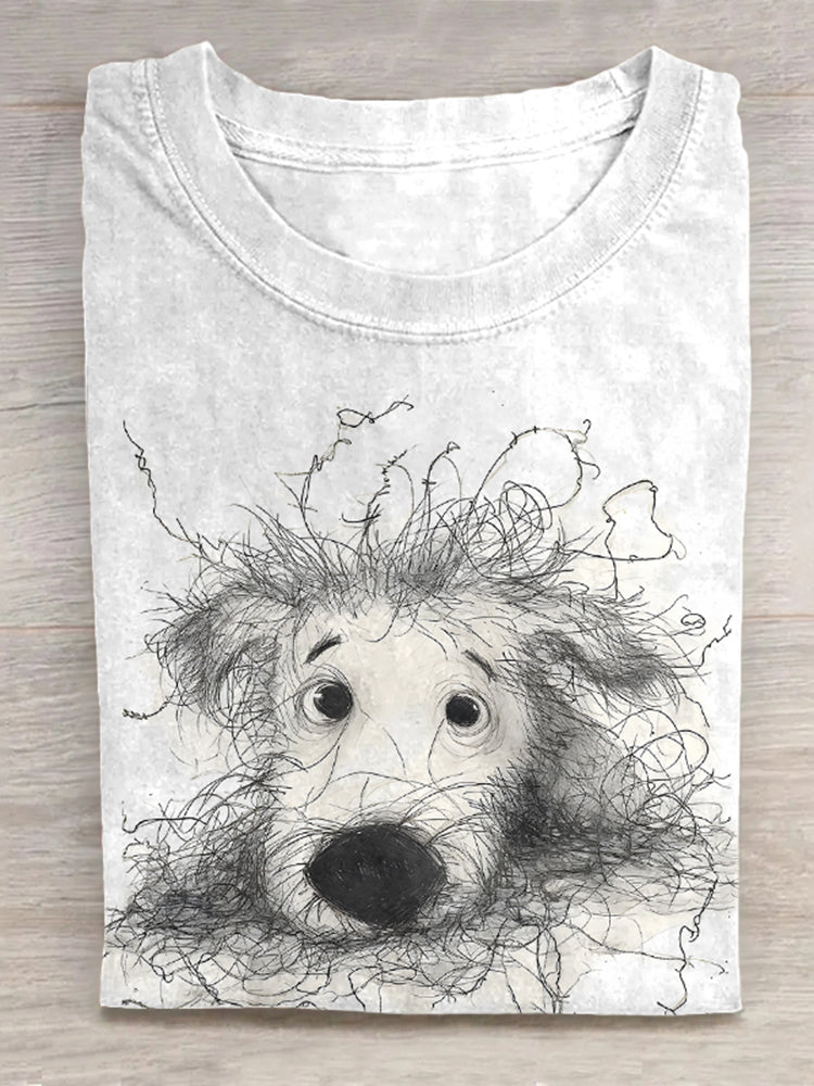 Scrawled Puppy  Dog Art Print Casual Short Sleeve T-Shirt