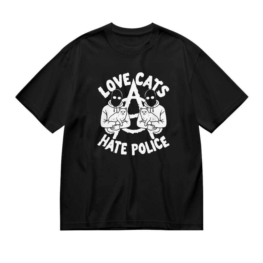 Love Cats Hate Police Anarchy Symbol Graphic T-Shirt