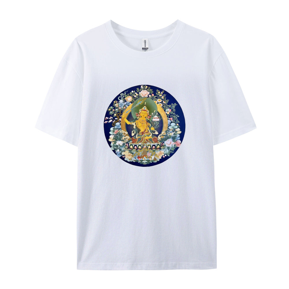 Buddhist Thangka Art T-Shirt  Golden Buddha Design  Spiritual Meditation Clothing  Unique Tibetan Mandala Graphic Tee  Unisex Casual Wear  Comfortable Cotton Material  Ideal for Yoga and Mindfulness Practitioners