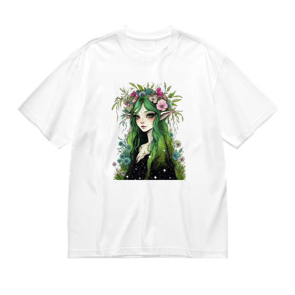 Green Fairy with Floral Crown Women's Fashion Graphic T-Shirt