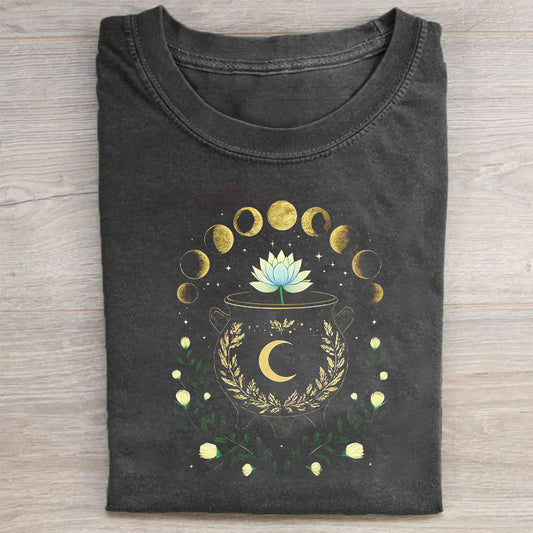 Mystical Moon Phases Lotus Flower Graphic T-Shirt