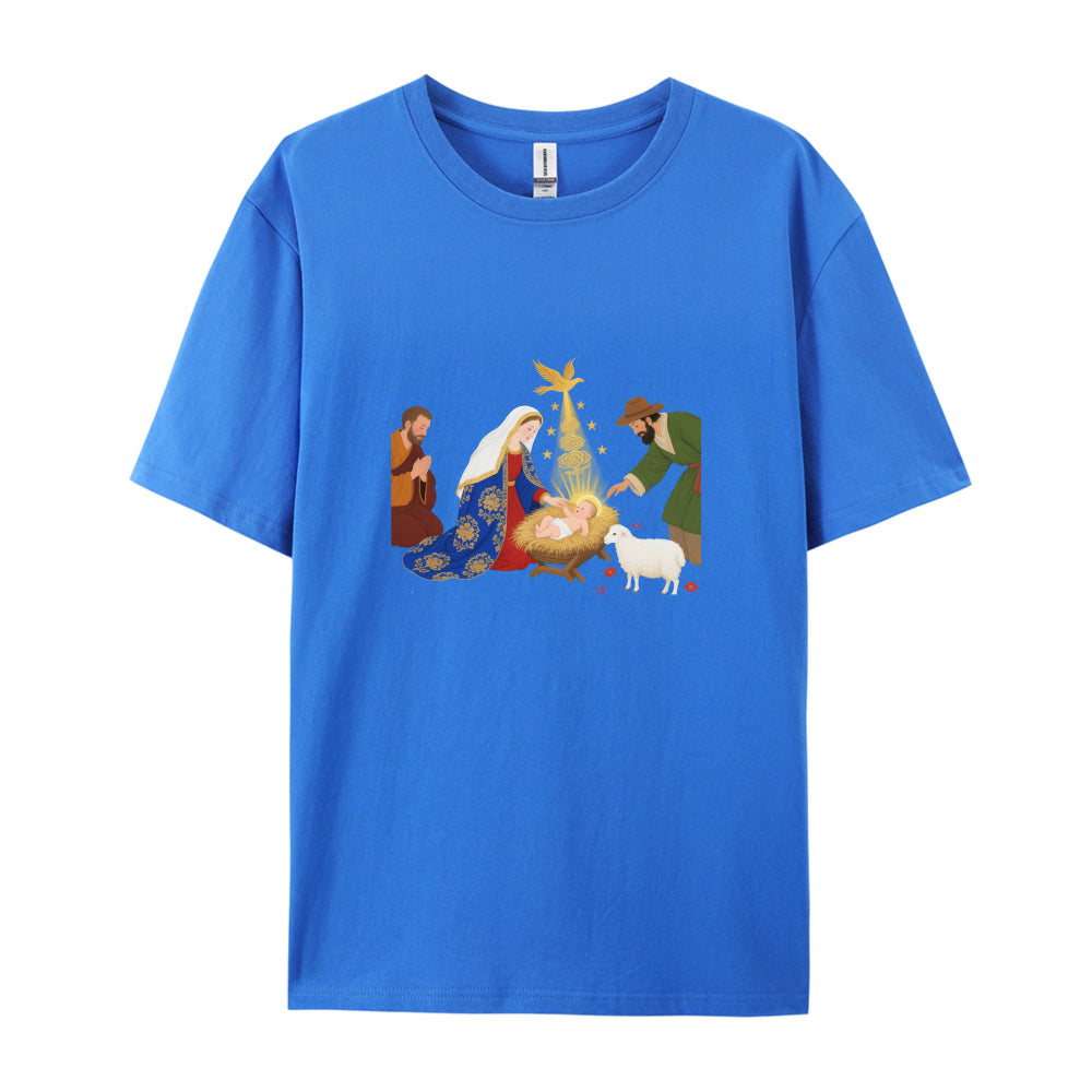 Christmas Nativity Scene T-Shirt  Festive Holiday Jesus Birth Design  Men Women Unisex Graphic Tee  Xmas Gift Idea for Family Friends  Comfortable Soft Cotton Blend Material  White Crewneck Top with Vibrant Print