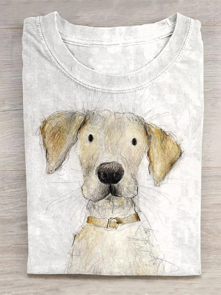 Scrawled Puppy Cute Dog Art Print Casual Short Sleeve T-Shirt