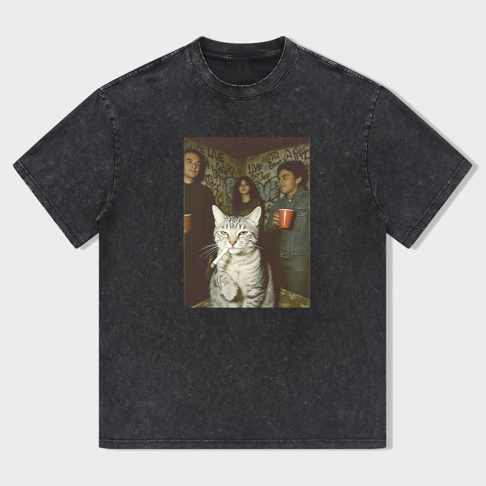 Vintage Black T-Shirt with Cat and Friends Graphic Design - Unisex T-Shirt