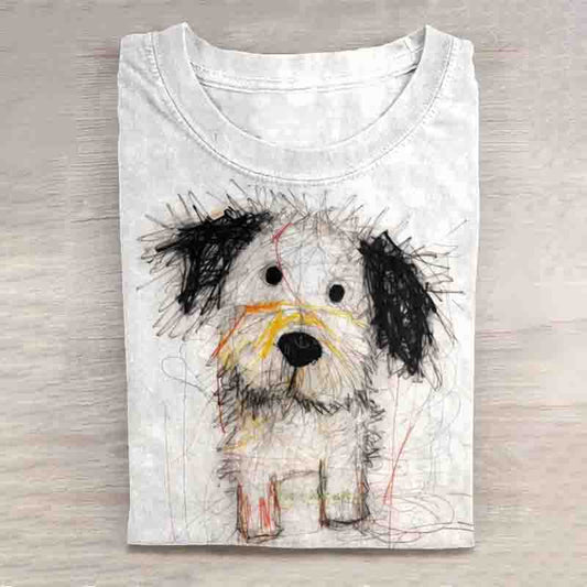 Cute Dog Scrawled Puppy Art Print Casual Short Sleeve T-Shirt