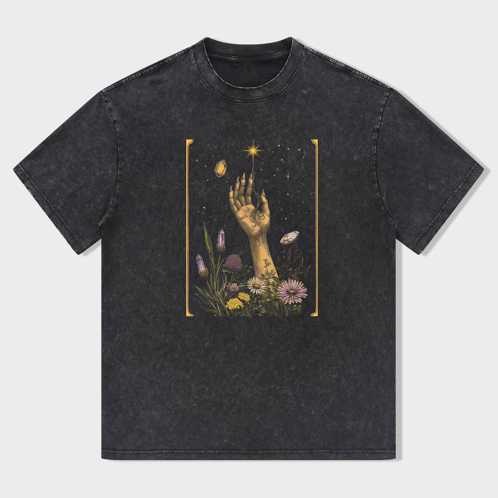 Mystical Hand Reaching for Star Floral Print Graphic T-Shirt