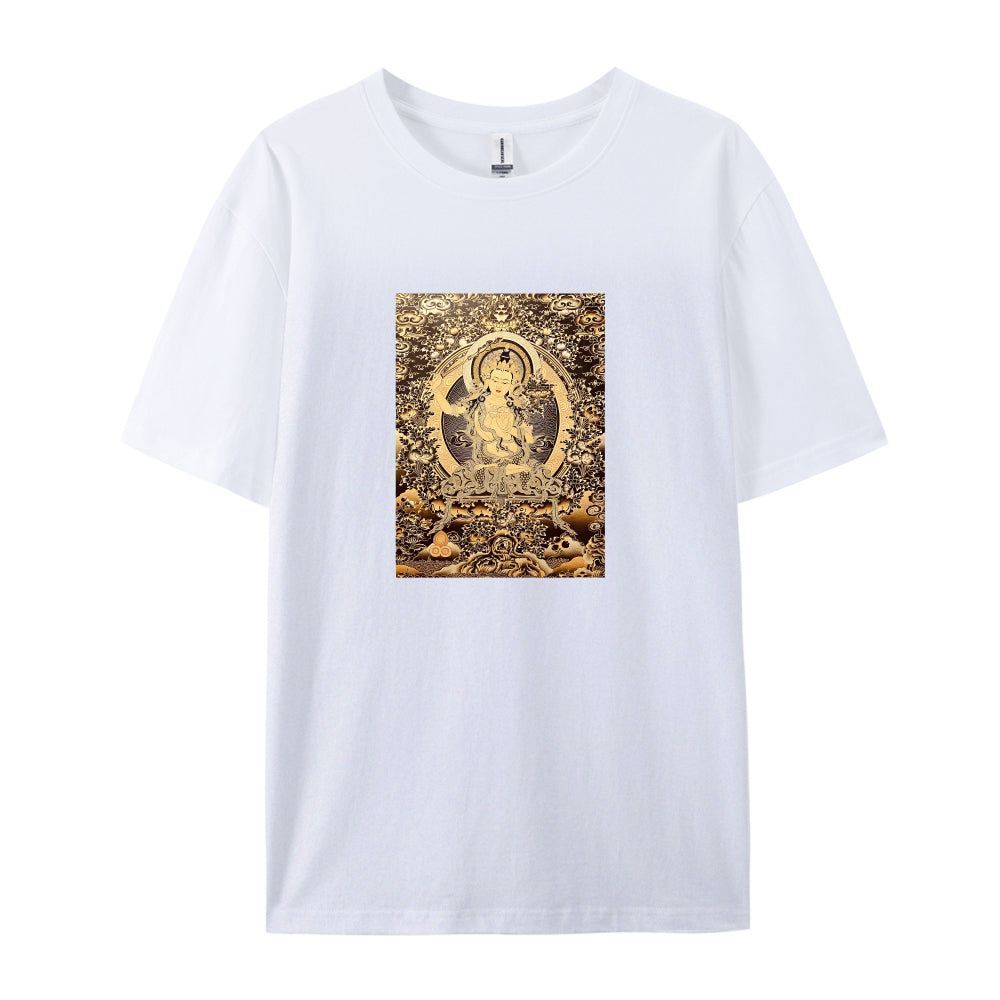 Buddhist Deity Art Print T-Shirt for Men Women  Spiritual Meditation Clothing  Unique Design Graphic Tee  Comfortable Casual Wear  Gold and Brown Pattern Top