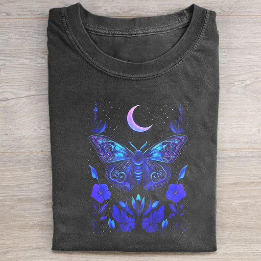 Blue Butterfly Moon Floral Graphic T-Shirt
