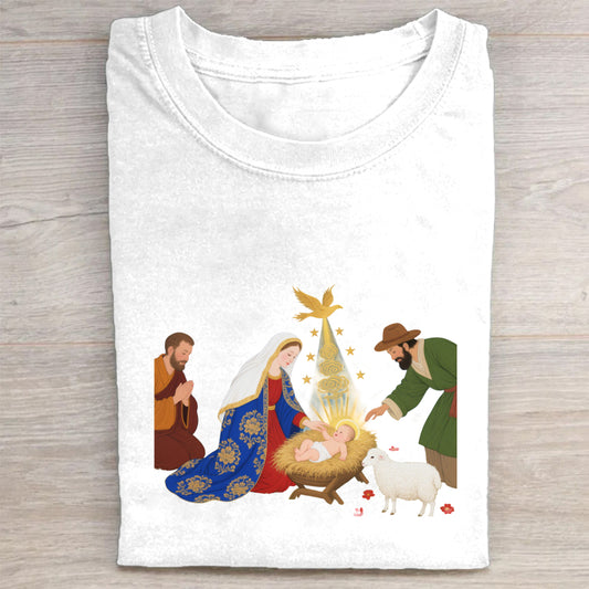 Christmas Nativity Scene T-Shirt  Festive Holiday Jesus Birth Design  Men Women Unisex Graphic Tee  Xmas Gift Idea for Family Friends  Comfortable Soft Cotton Blend Material  White Crewneck Top with Vibrant Print