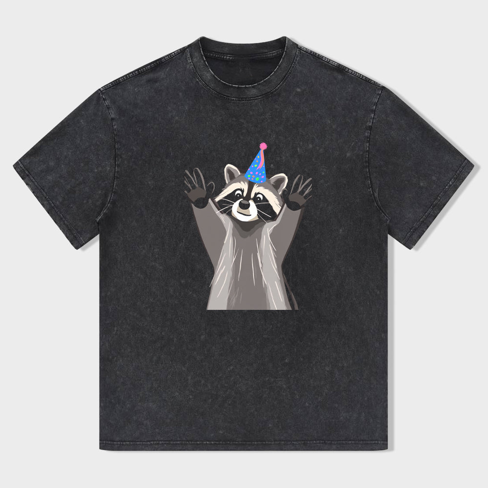 Retro Crew Neck T-Shirt Black Raccoon in Party Hat Print Casual Daily Wear