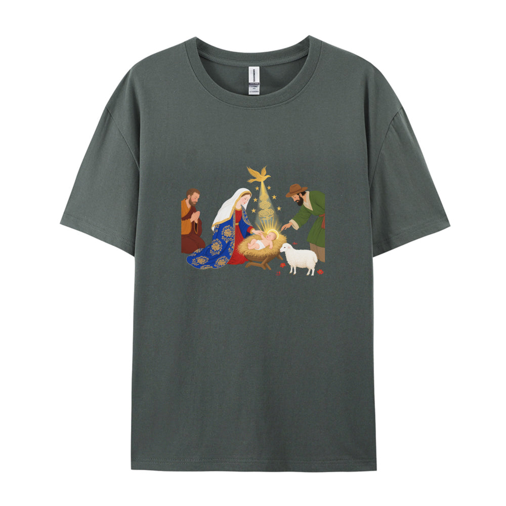 Christmas Nativity Scene T-Shirt  Festive Holiday Jesus Birth Design  Men Women Unisex Graphic Tee  Xmas Gift Idea for Family Friends  Comfortable Soft Cotton Blend Material  White Crewneck Top with Vibrant Print