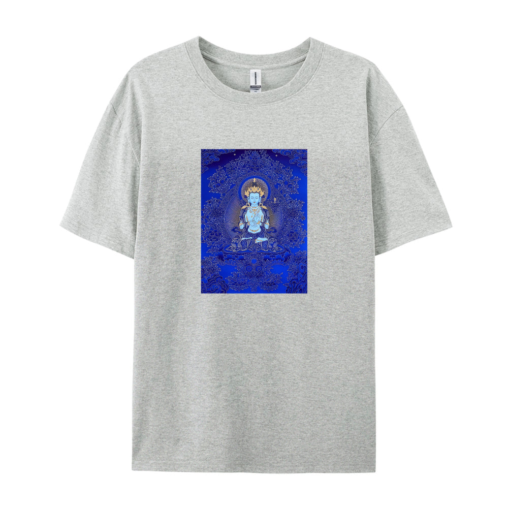 Buddha Art Print T-Shirt for Men Women - Blue Meditation Design Graphic Tee - Comfortable Casual Cotton Top - Spiritual Yoga Clothing - Unique Gift Idea
