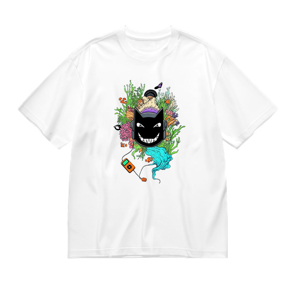 Round Neck White T-Shirt with Colorful Monster and Floral Design for Casual Wear