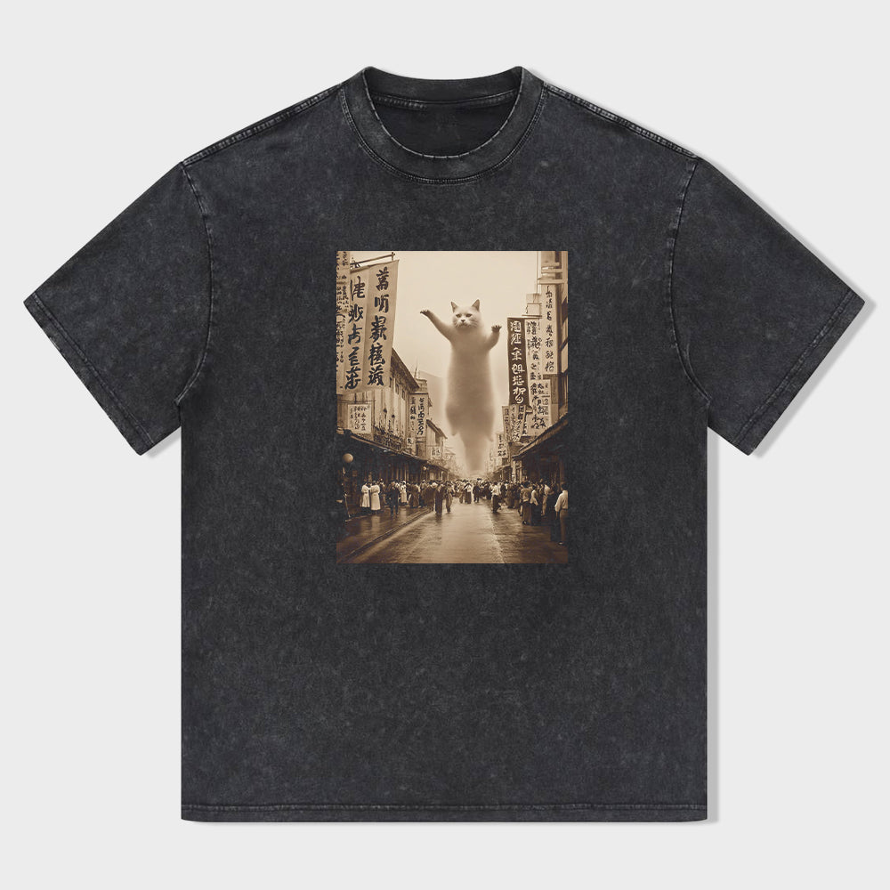 Vintage Black Graphic T-Shirt with Cat in the City Print