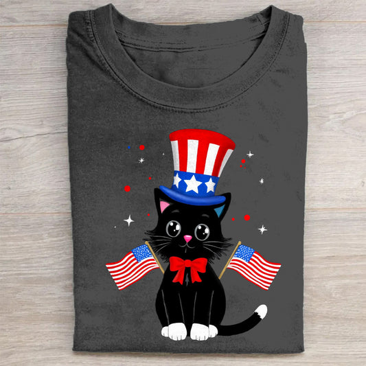 Patriotic Black Cat with American Flags T-Shirt
