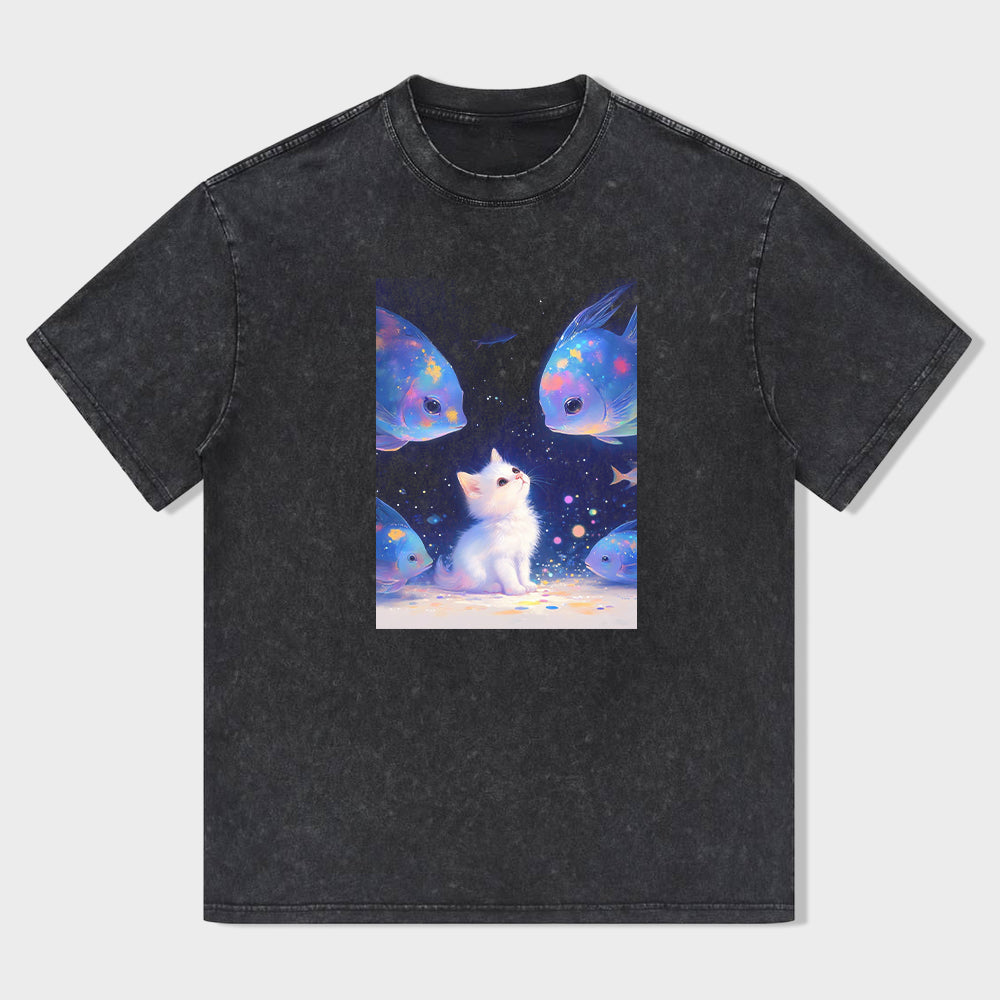 Cute Cat and Dreamy Fish Graphic T-Shirt