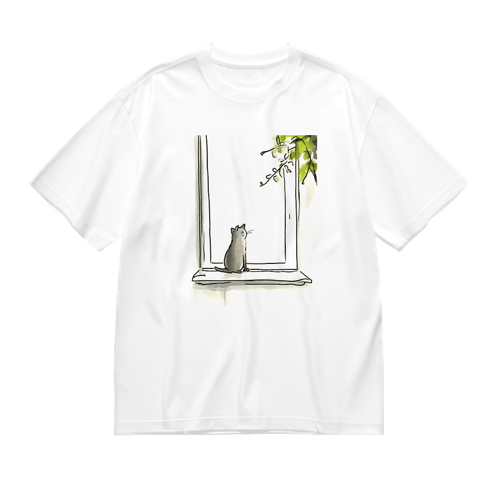 Cute Cat by Window with Lilies of the Valley Print T-Shirt