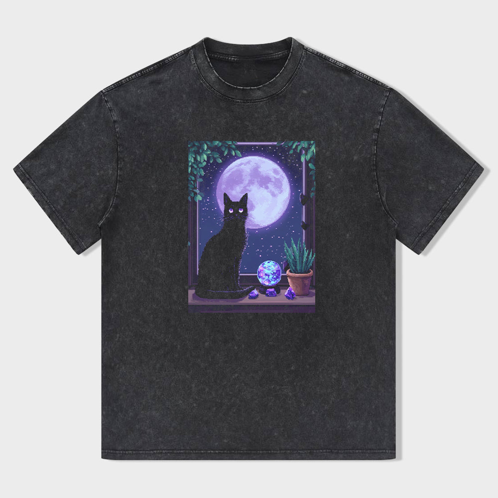 Black Cat Moon Night Window Graphic T-Shirt