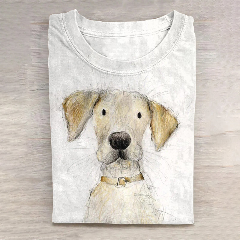 Scrawled Puppy Cute Dog Art Print Casual Short Sleeve T-Shirt