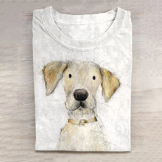 Scrawled Puppy Cute Dog Art Print Casual Short Sleeve T-Shirt