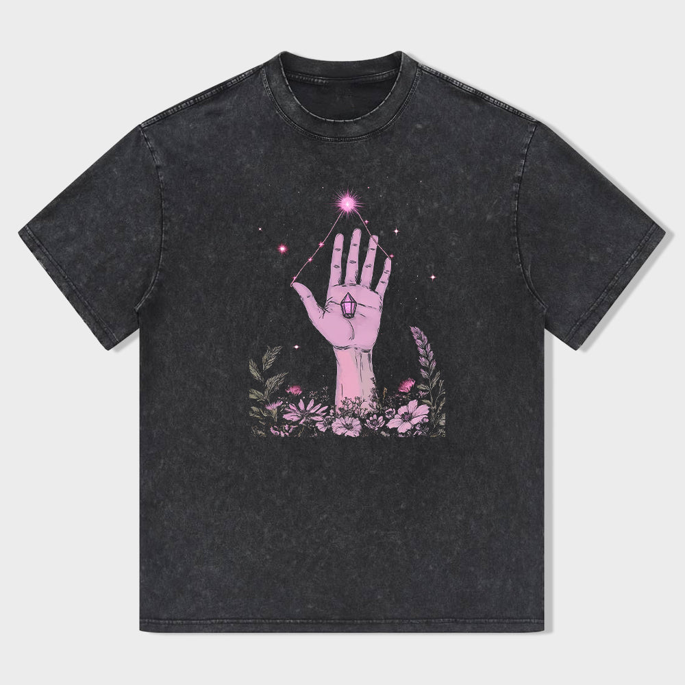 Mystical Hand with Pink Crystal and Floral Design Graphic T-Shirt