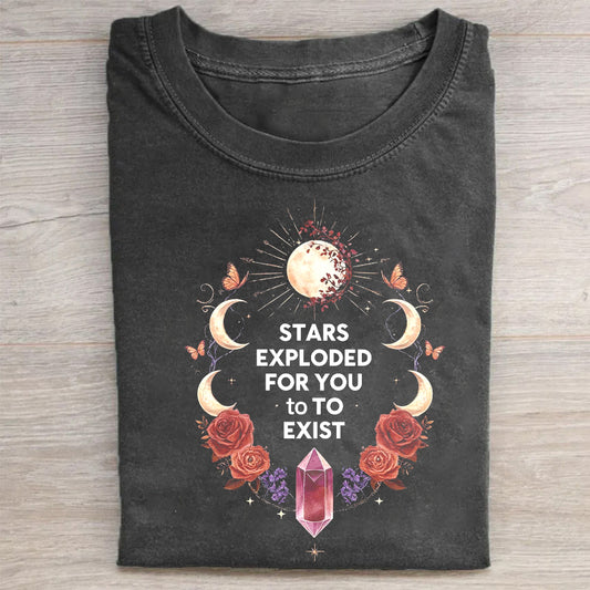 Vintage T-Shirt Black Stars Exploded for You to Exist Floral Moon Design Casual Wear