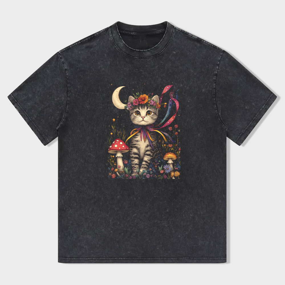 Cute Cat with Mushrooms and Moon Graphic T-Shirt