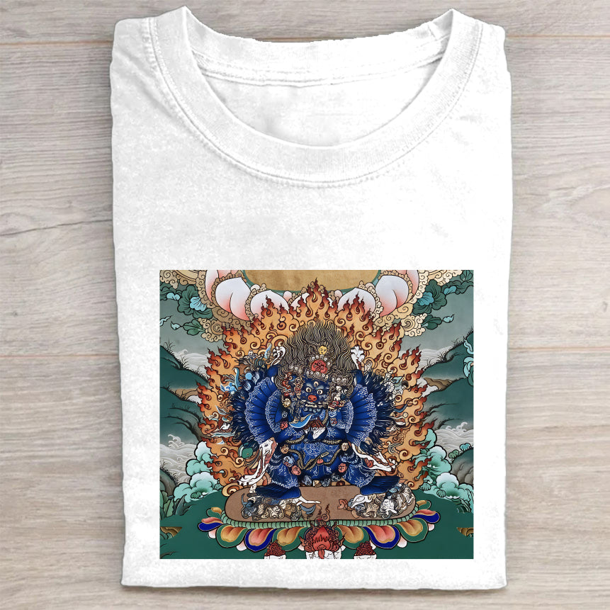 Tibetan Thangka Artwork Graphic T-Shirt for Men Women - Traditional Buddhist Deity Design - Comfortable Casual Tee - Unique Cultural Print - Soft Cotton Material - Ideal Gift for Meditation Yoga Enthusiasts