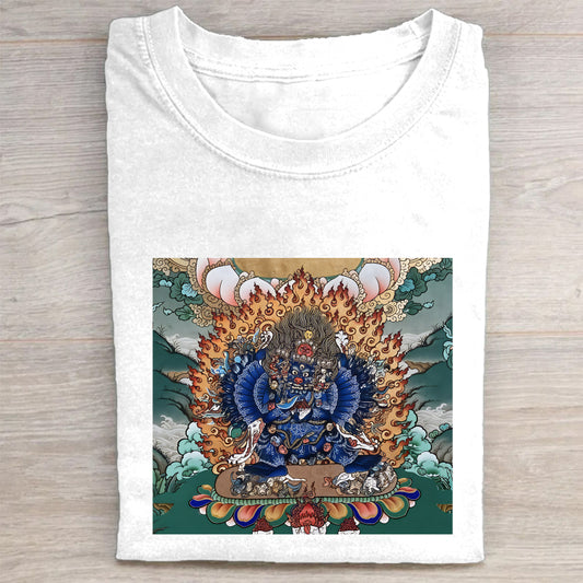 Tibetan Thangka Artwork Graphic T-Shirt for Men Women - Traditional Buddhist Deity Design - Comfortable Casual Tee - Unique Cultural Print - Soft Cotton Material - Ideal Gift for Meditation Yoga Enthusiasts