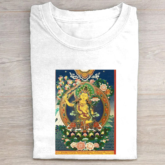 Buddhist Thangka Art T-Shirt  White Cotton Tee with Traditional Tibetan Design  Spiritual Meditation Clothing for Men and Women  Comfortable Fit for Daily Wear  Unique Cultural Gift Idea