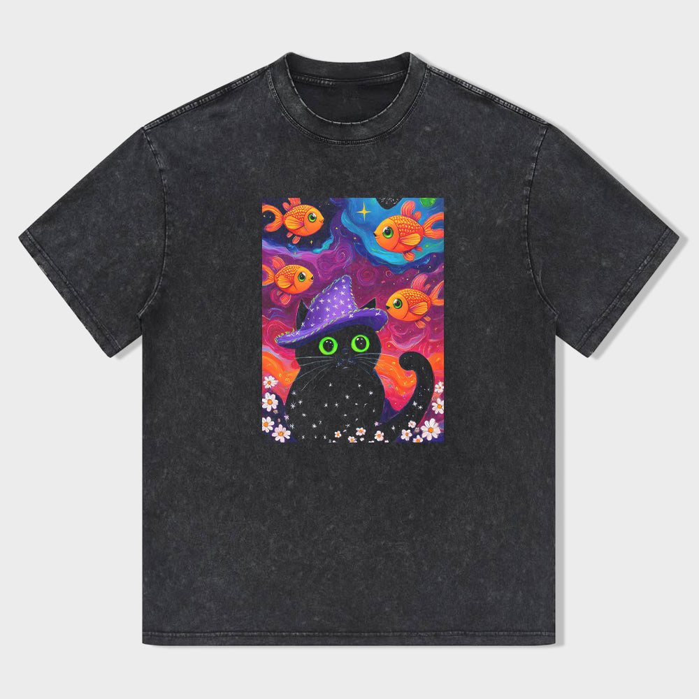Halloween Black Cat with Fish Pattern Graphic T-Shirt