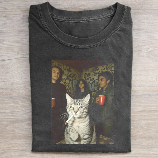 Vintage Black T-Shirt with Cat and Friends Graphic Design - Unisex T-Shirt