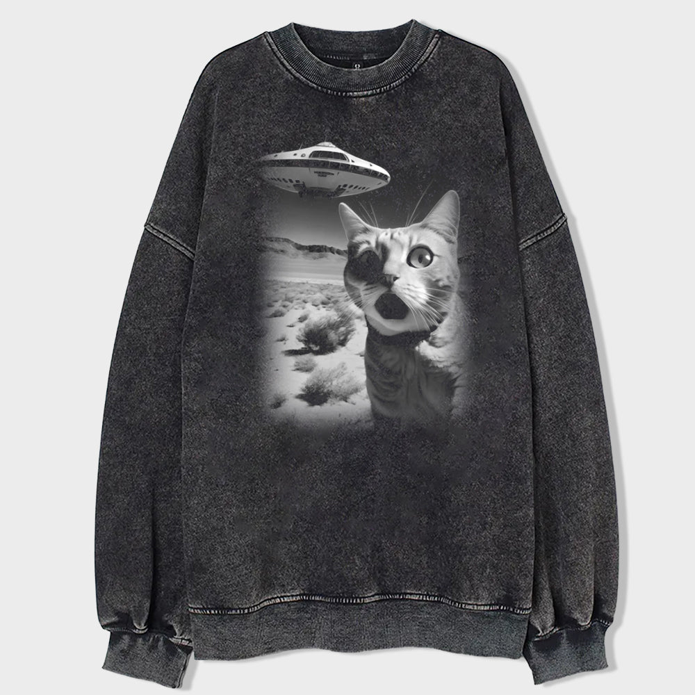 Cat Selfie With UFO Art Acid Wash Sweatshirt