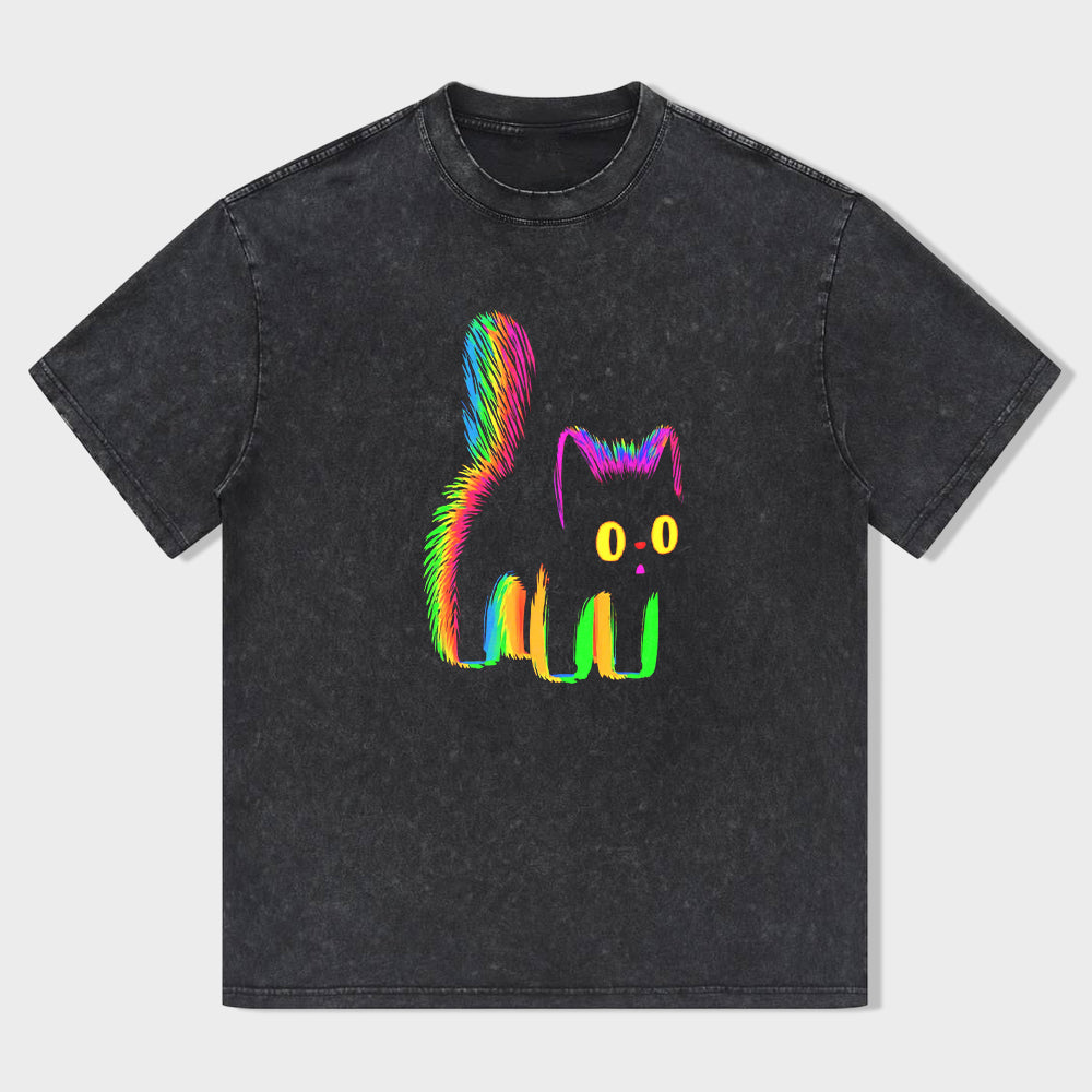 Rainbow Cat Graphic T-Shirt Black Colorful Feline Print for Casual Wear