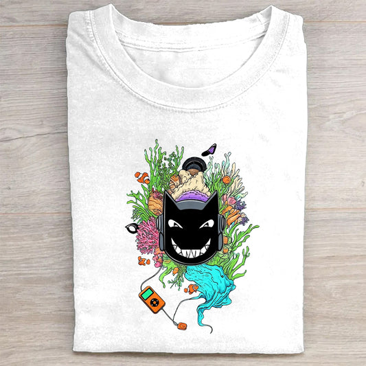 Round Neck White T-Shirt with Colorful Monster and Floral Design for Casual Wear