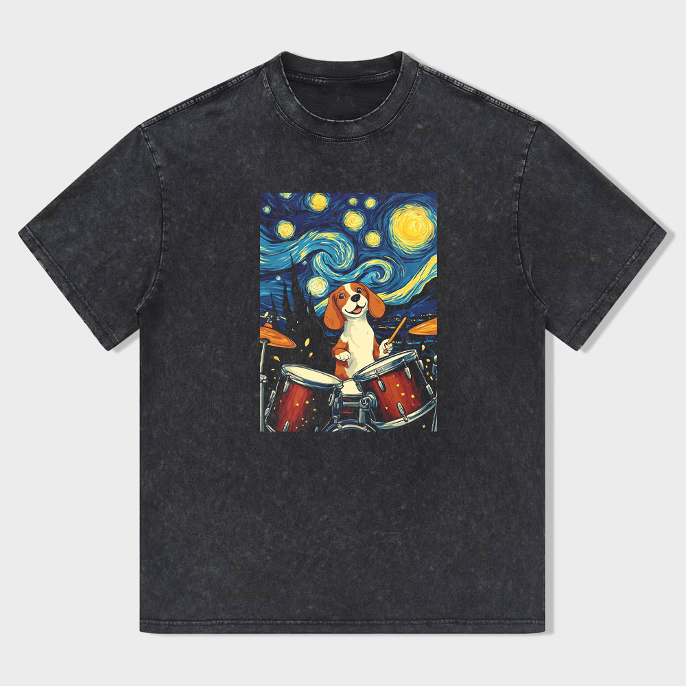 Short Sleeve Black T-Shirt with Starry Night Drumming Dog Print for Casual Wear