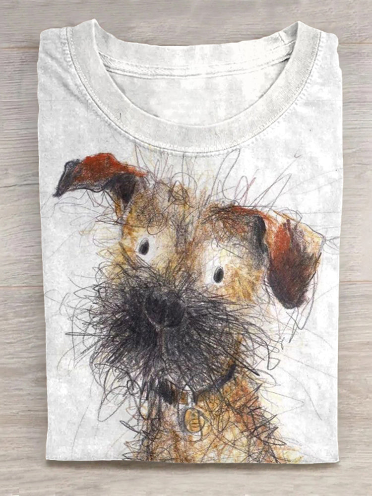 Cute Dog Scrawled Puppy Art Print Casual Short Sleeve T-Shirt