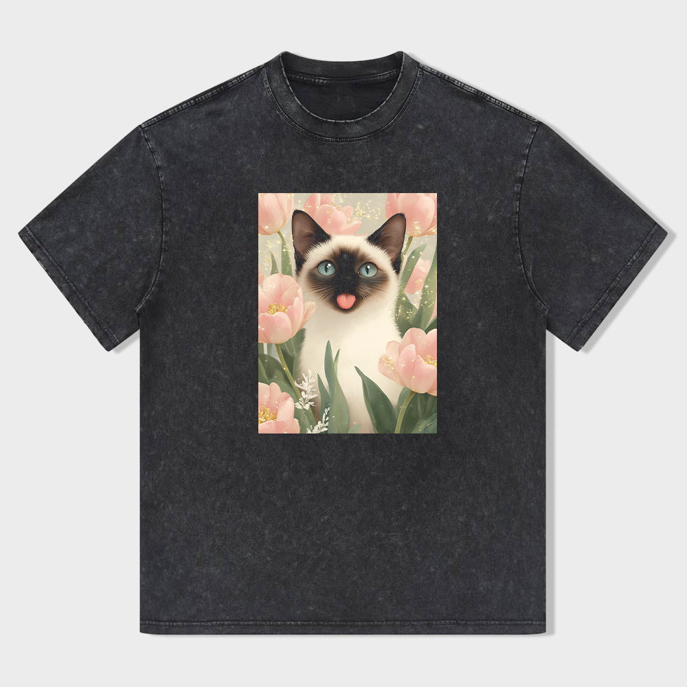 Cute Siamese Cat with Pink Tulips Graphic T-Shirt