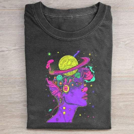 Neon Galaxy Space Cat Graphic T-Shirt