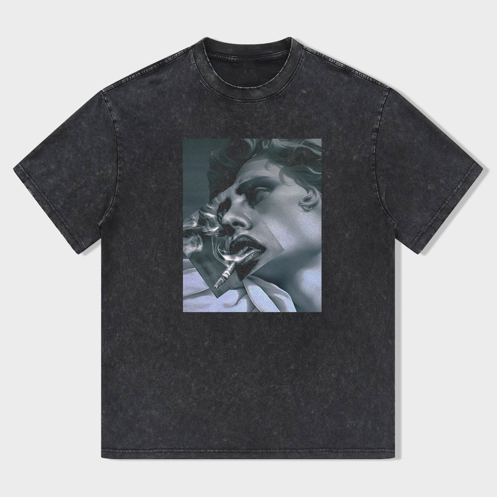 Vintage Washed Black T-Shirt with Abstract Art Print Women's Fashion Graphic Tee
