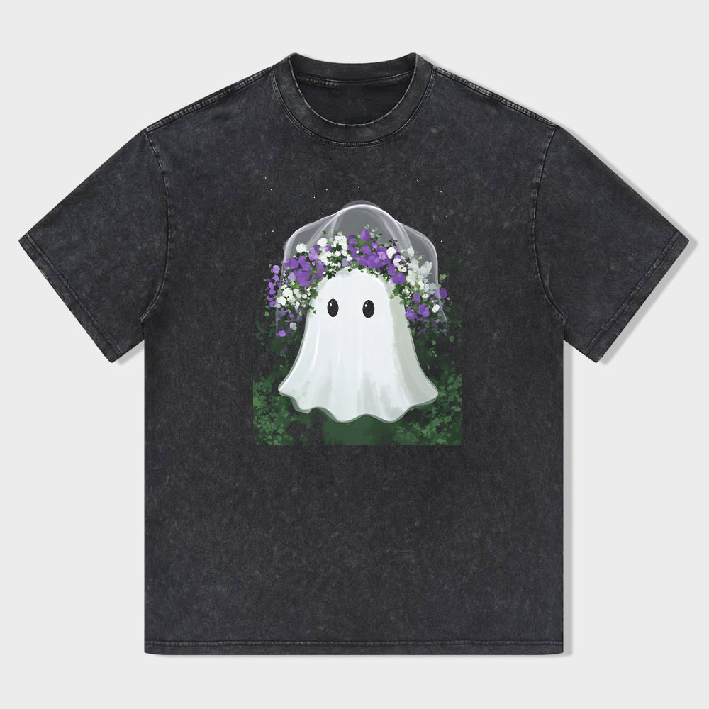 Cute Ghost with Purple Flowers Graphic T-Shirt