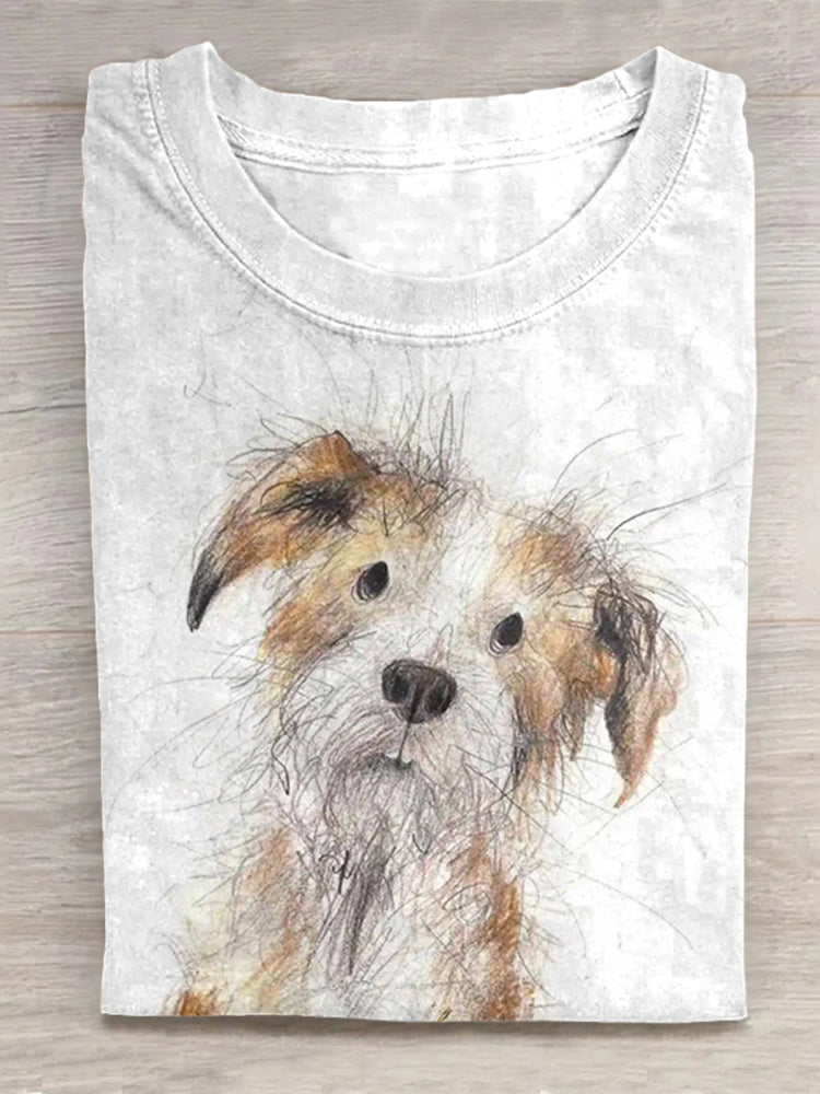 Cute Dog Art Scrawled Puppy Print Casual Short Sleeve T-Shirt