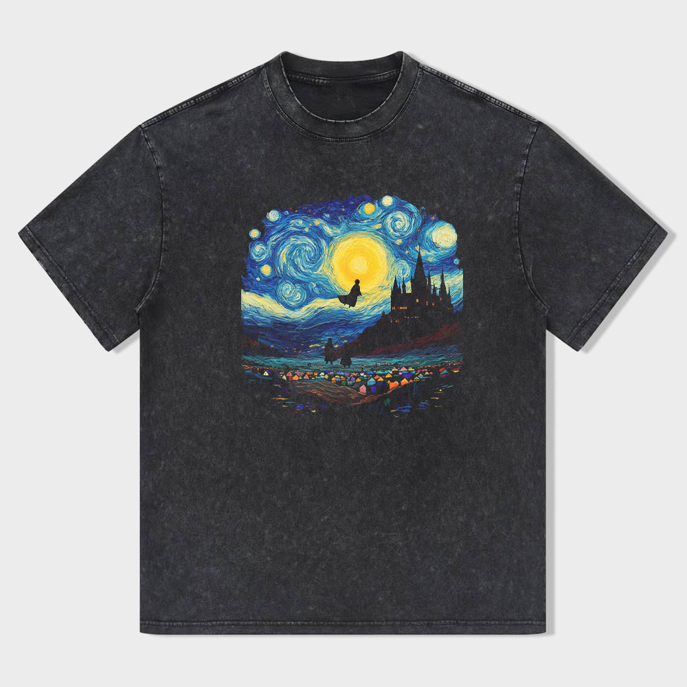 Round Neck Black T-Shirt with Starry Night and Scream Art Print for Casual Wear