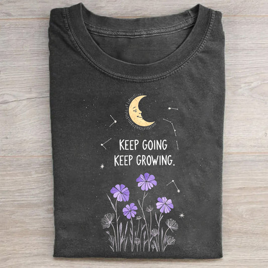 Short Sleeve Black T-Shirt with Keep Going Keep Growing Moon and Flowers Print for Casual Wear