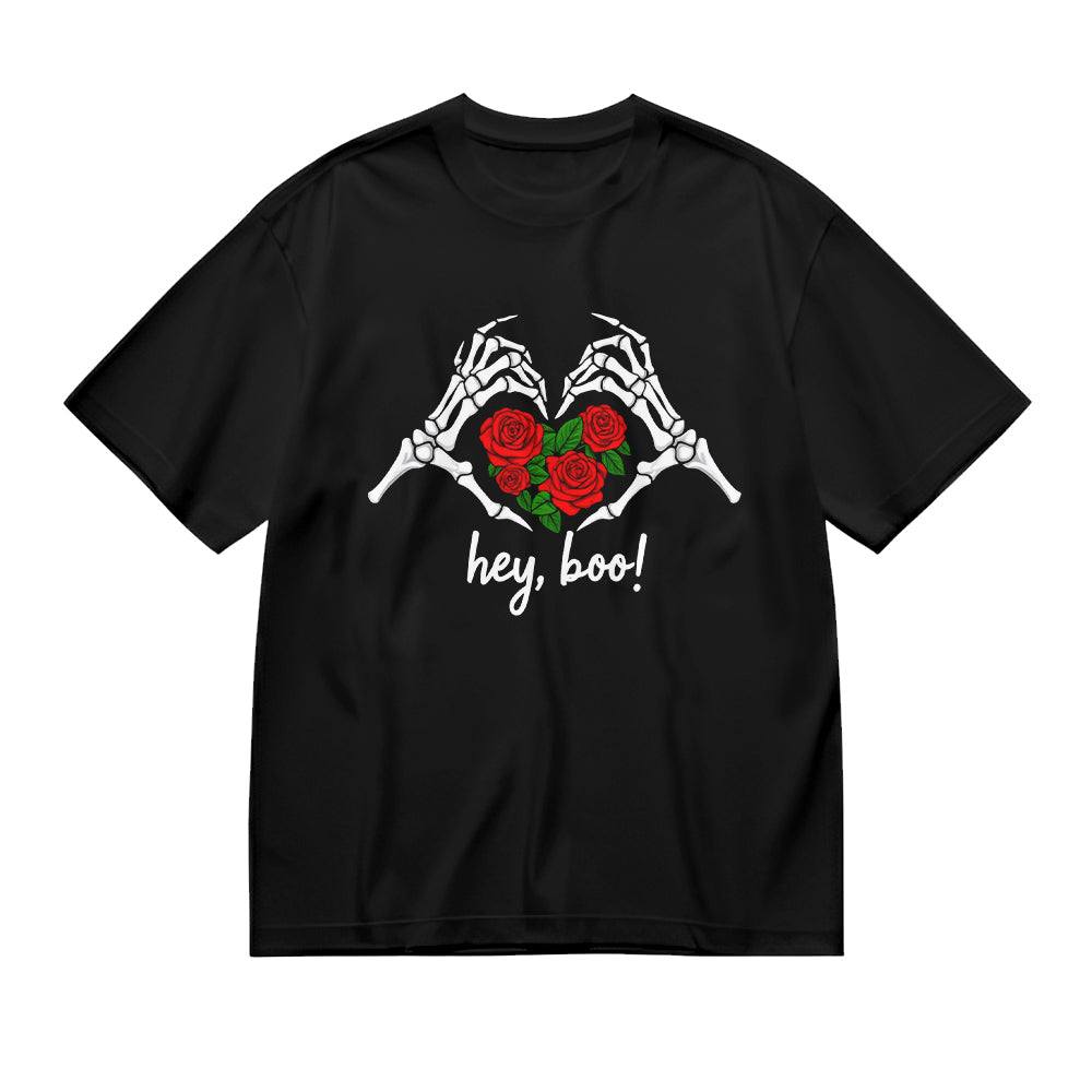 Hey Boo! Skeleton Hands with Roses Graphic T-Shirt