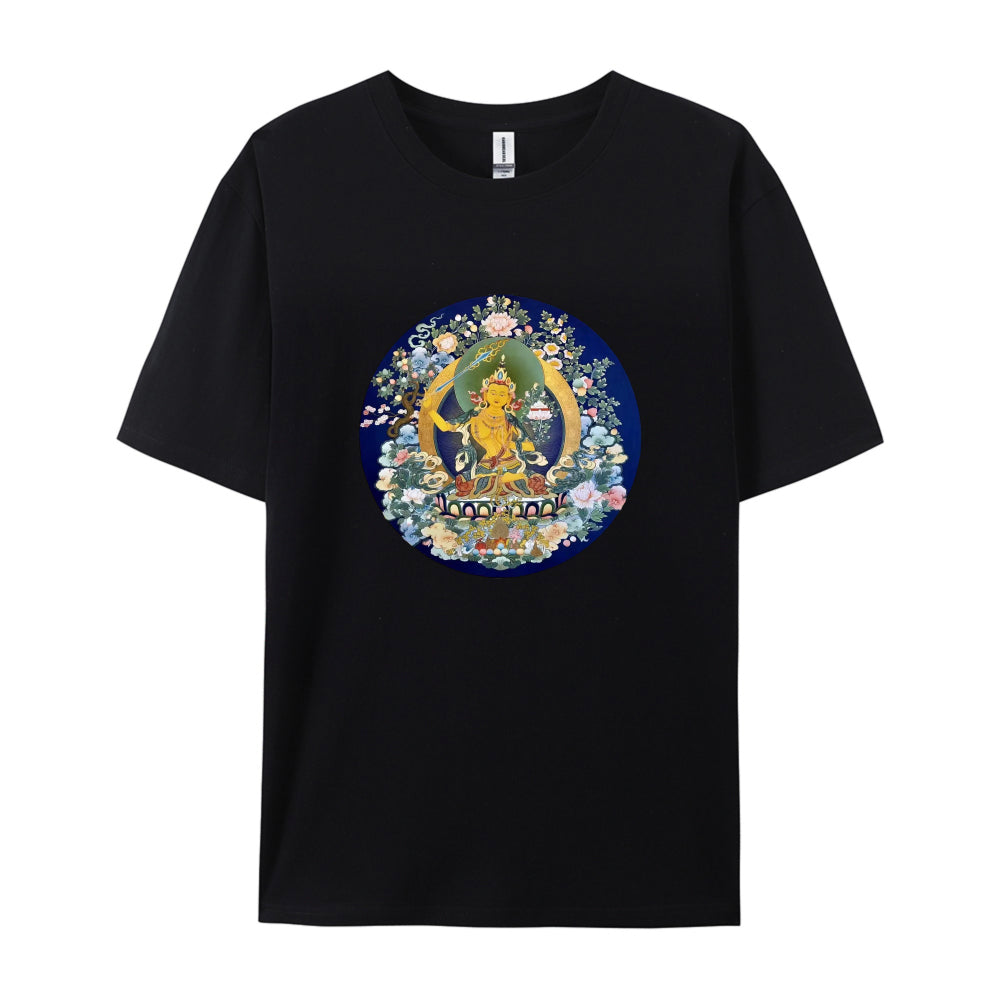 Buddhist Thangka Art T-Shirt  Golden Buddha Design  Spiritual Meditation Clothing  Unique Tibetan Mandala Graphic Tee  Unisex Casual Wear  Comfortable Cotton Material  Ideal for Yoga and Mindfulness Practitioners