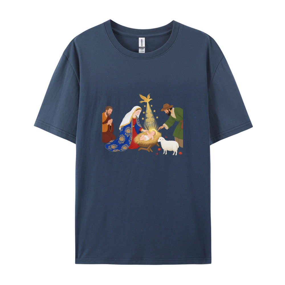 Christmas Nativity Scene T-Shirt  Festive Holiday Jesus Birth Design  Men Women Unisex Graphic Tee  Xmas Gift Idea for Family Friends  Comfortable Soft Cotton Blend Material  White Crewneck Top with Vibrant Print