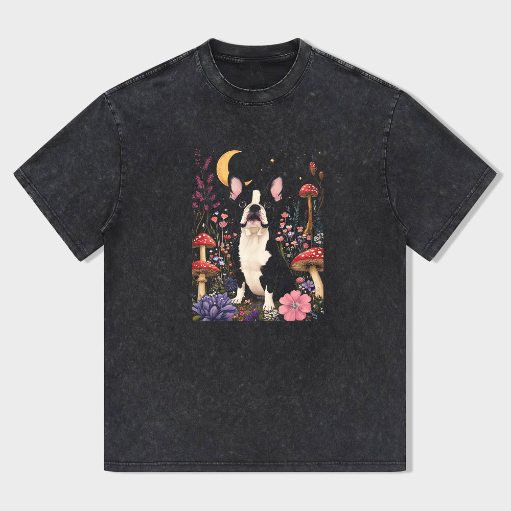 Enchanted Forest Cat T-Shirt with Moon Mushrooms and Flowers Graphic Design for Women Men Unisex Casual Tee